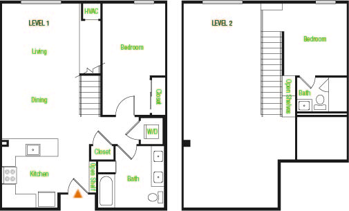 Floor plan for 1 bed, 2 baths, 942 sqft